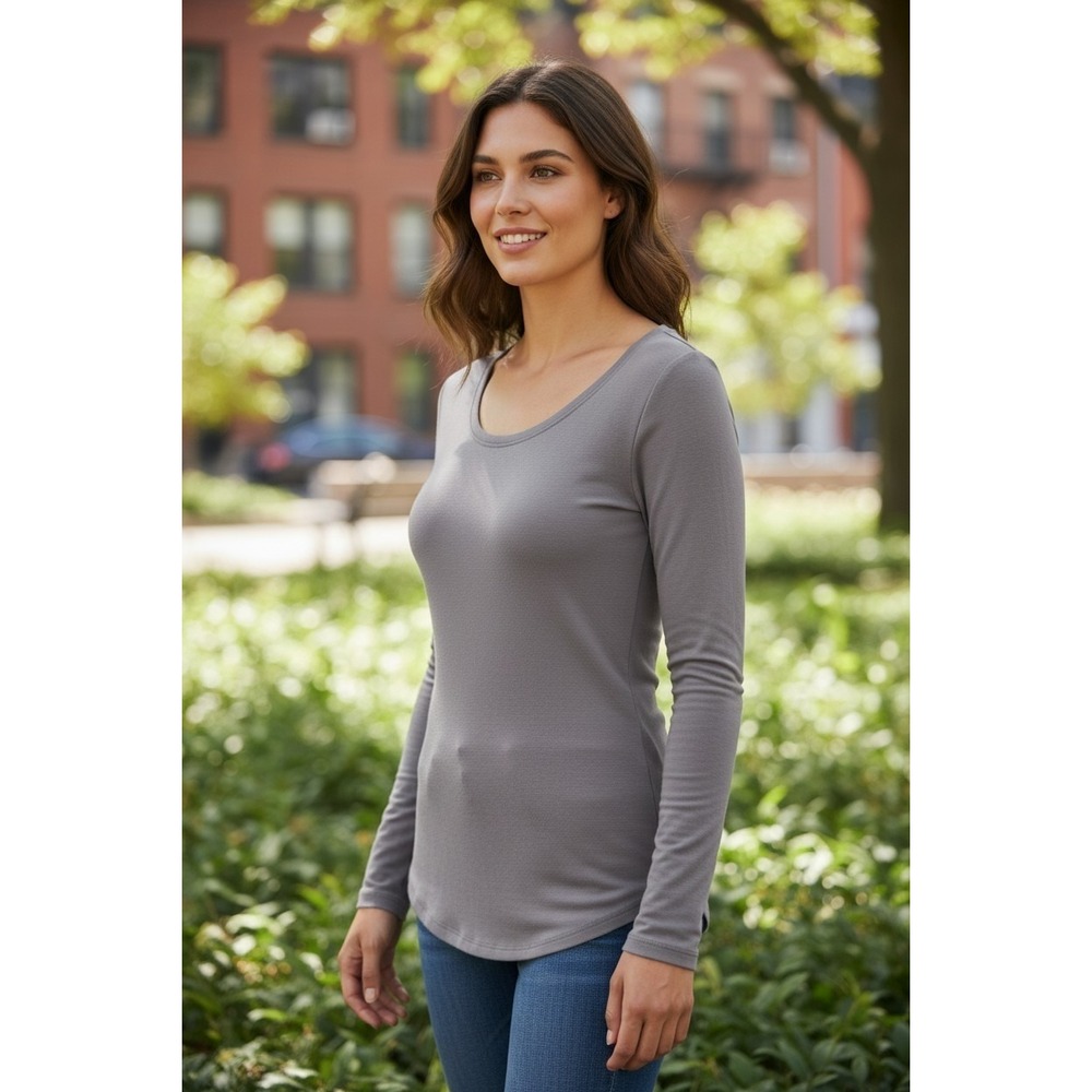 Spanx Go Lightly Long Sleeve Scoop Neck Top‎ Gray Modal Blend SZ L Minimalist